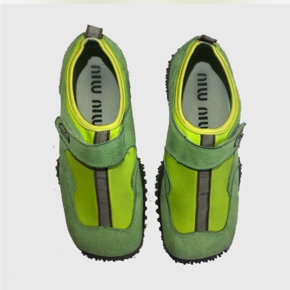 Miu Miu Green Sneakers with Slip-On Design and Velcro Strap